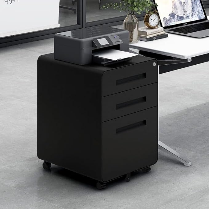 3 Drawer Mobile File Cabinet with Lock, Under Desk Storage Filing Cabinet for Home Office, Small Rolling File Cabinet for Legal, Letter and A4 Files (Black2)