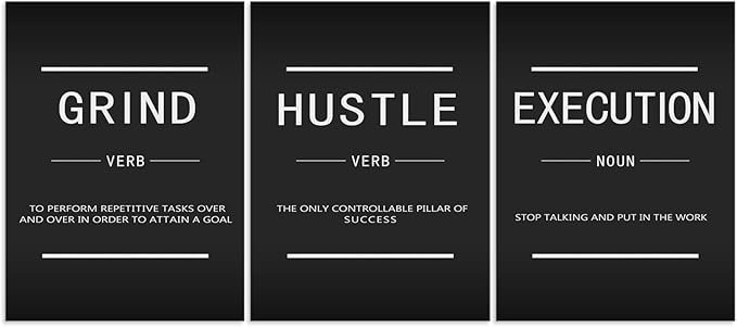Motivational Canvas Wall Art Inspirational Poster Grind Verb Hustle Verb Execution Noun 3 Pieces Prints Artwork for Living Room Office Decor Painting Pictures Framed Ready to Hang[36''Wx 16''H]