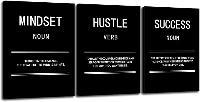 Mindset Hustle Success Inspirational Canvas Wall Art Office 3 Panel Print Motivational Poster Painting Modern Inspiring Artwork for Home Living Room BedRoom Gym Decor Ready to Hang [36''Wx 16''H]