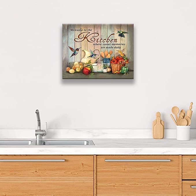 yerretin Farmhouse Kitchen Wall Art Country Pictures Wall Decor Rustic Vegetables Food Canvas Paintings Kitchen Signs Modern Artwork Home Decorations Framed 16"x12"