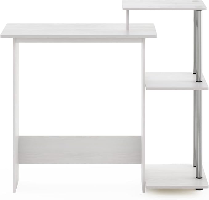Furinno EFFICIENT Desk, 28.6" Wide Gaming Desk with 3 Open Side Shelves, Laptop Notebook Computer Desk, Office Desk for Home Office, Study Room, Dorm, Bedroom, White Oak/Stainless Steel