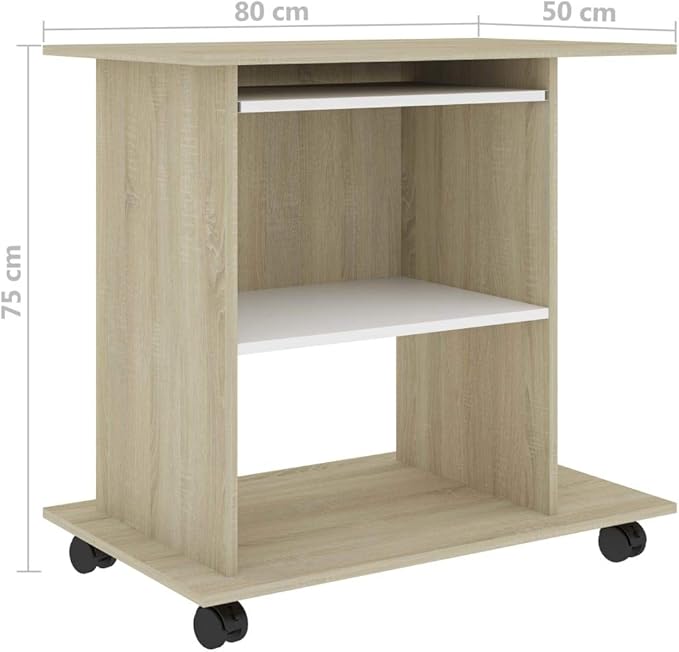 Modern Computer Desk with 4 Castors, Home Office Desk Writing Study Table PC Desk Workstation for Bedroom, White and Sonoma Oak 31.5"x19.7"x29.5" Engineered Wood(K)