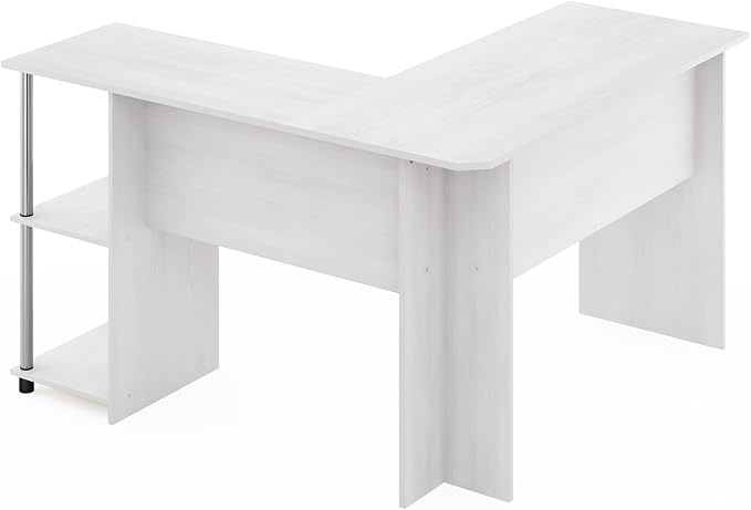 Furinno Abbott L-Shape Computer Desk with Stainless Steel Tubes Bookshelf, White Oak/Chrome