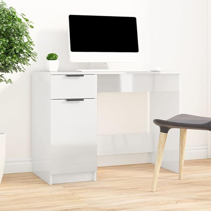 Computer Writing Desk,Sturdy Home Office Desk,Reception Desk,for Bedroom, Living Room, Study,Desk High Gloss White 39.4"x19.7"x29.5" Engineered Wood