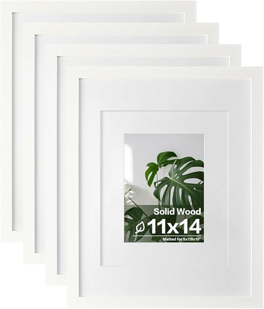Egofine 11x14 Picture Frames 4PCS Covered by Plexiglass, Made of Solid Wood, Display Pictures 8x10/5x7 with Mat or 11x14 Without Mat for Table Top and Wall Mounting, White with Texture