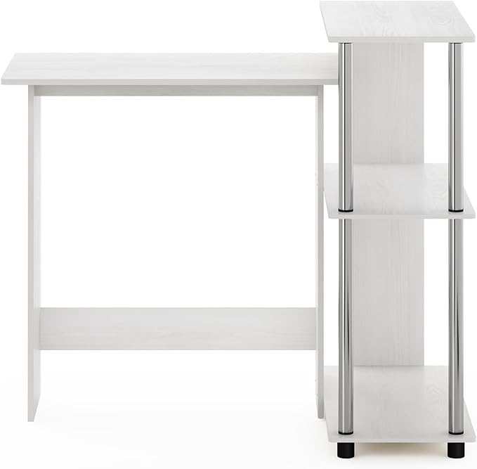Furinno Abbott Corner Computer Desk with Bookshelf, White Oak/Chrome