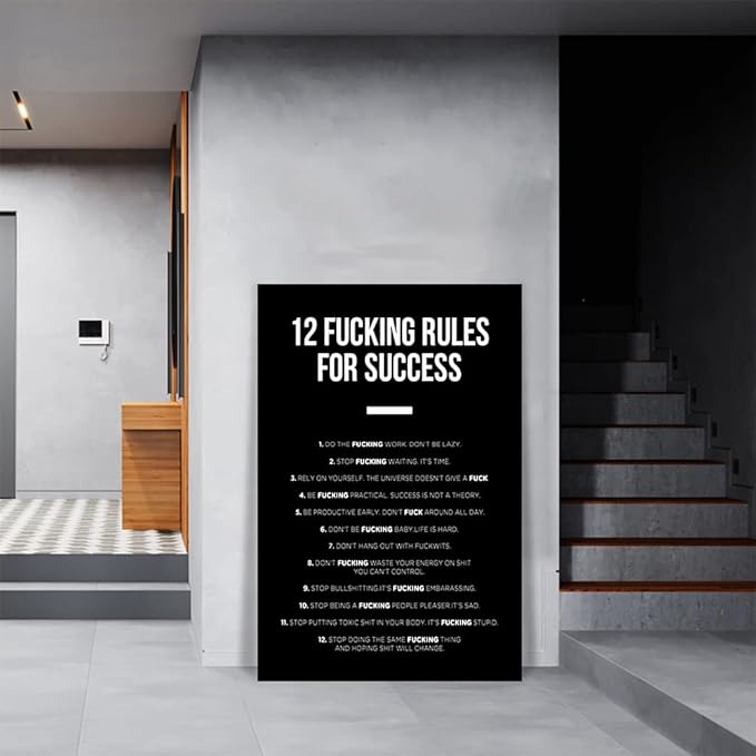 12 Fucking Rules for Success Entrepreneur Quotes Art Black and White Motivational Office Art Success Wall Art Inspirational Wall Decor Painting, Framed 24" x 36"