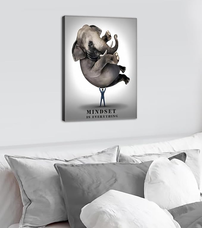 Motivational Office Wall Art – Mindset is Everything Quotes Wall Decor Businessman Lifting Elephant Canvas Print, Framed Inspirational Artwork for Living Room or Bedroom (12" x 16")