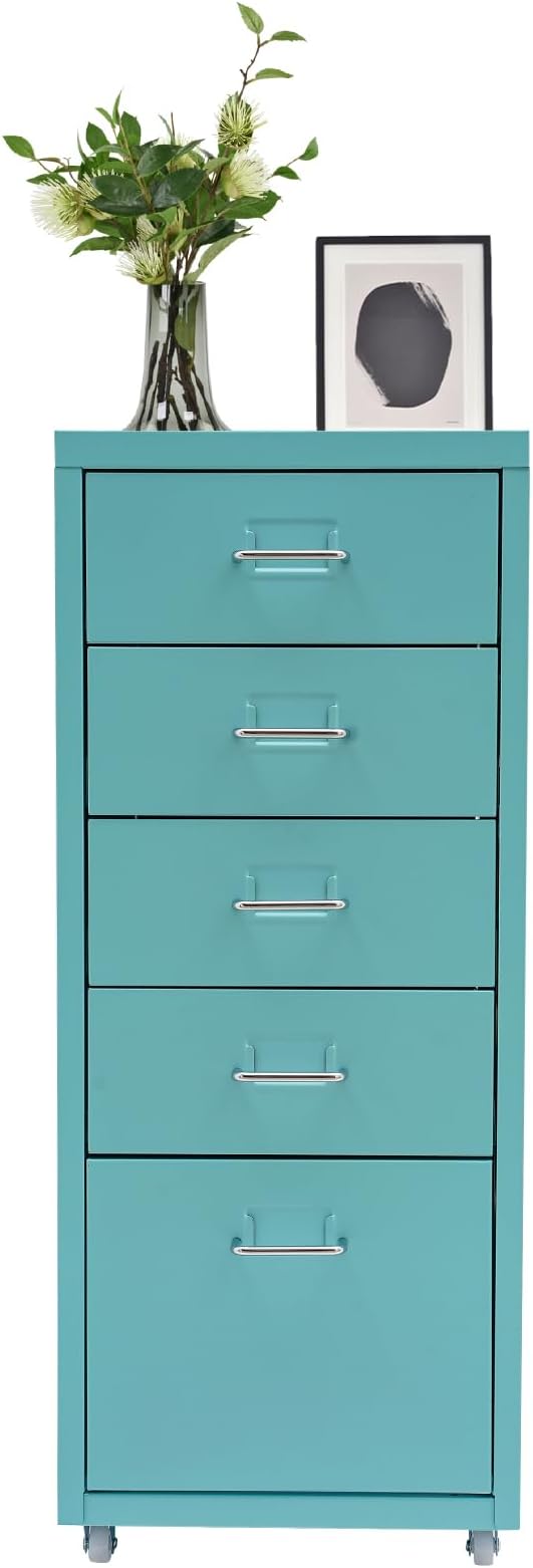 Metal File Storage Cabinet,Side Storage Organizer,Freestanding Storage Unit,Metal Garage Storage Drawer,Storage Cabinet with 5 Drawers and Wheels for Office,Home,School，Blue,11 * 16.1 * 27.1in