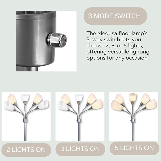 LIGHTACCENTS Medusa 5-Light Floor Lamp – Silver Multi-Head Standing Lamp w/ 5 Adjustable White Acrylic Shades for Bedroom, Living Room, Office