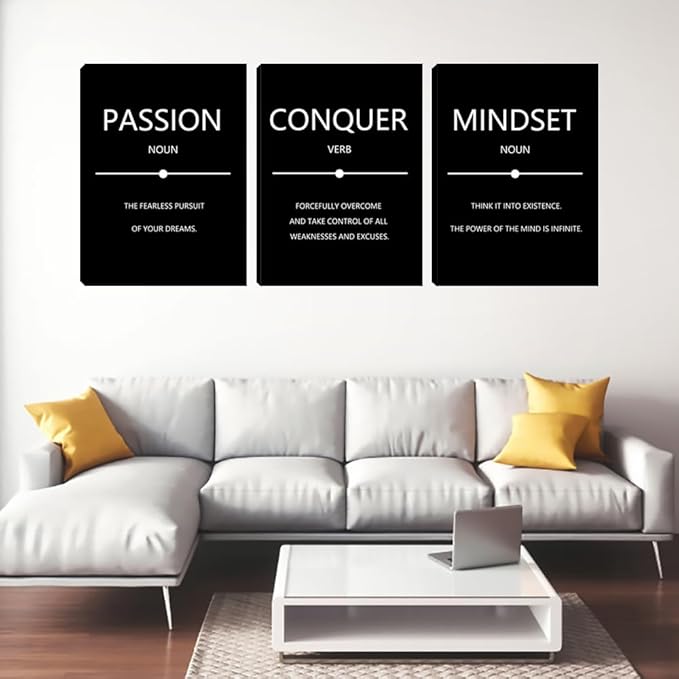 Motivational Wall Art 3 Pieces Inspirational Mindset Conquer Quotes Canvas Poster Prints Wall Paintings Picture Framed Artwork Wall Decor for Office Workplace Wall Art Bedroom Living Room (48"Wx24"H)