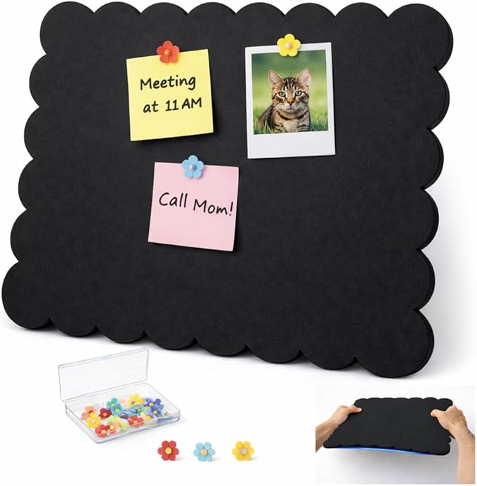 Scalloped Felt Bulletin Board 24x18 in, Thick PET Felt Pin Board, Heat-Pressed Flat, Self-Adhesive Mount, Push Pin Friendly Photo/Card Display for Home, Office, Crafts, Planning, Jewelry (Black)