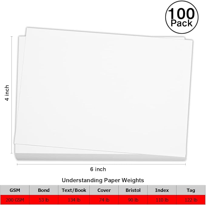 100 Sheets 4" X 6" White Cardstock, Heavyweight Cardstock Sheets Blank Invitation Paper Greeting Cards Printable, 75lb Cover 200 GSM/White