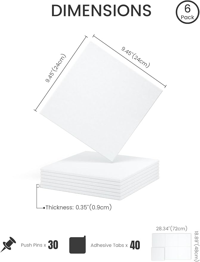 Fluxynara Felt Bulletin Board Tiles -28"x18" Cork Board Alternative for Office Decor, Push Pin Board Wall Organizer 6-Pack - Cold White