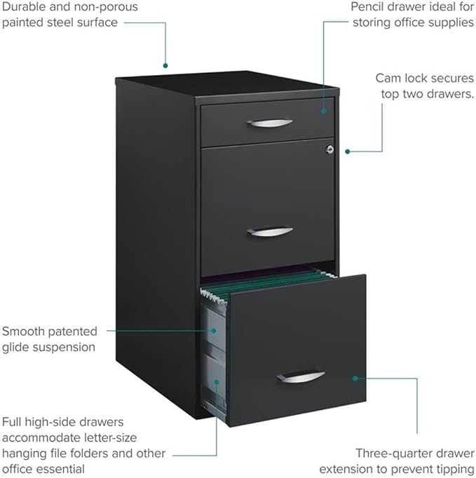 Pemberly Row Set of 5 Contemporary 3-Drawer Metal File Cabinet in Charcoal
