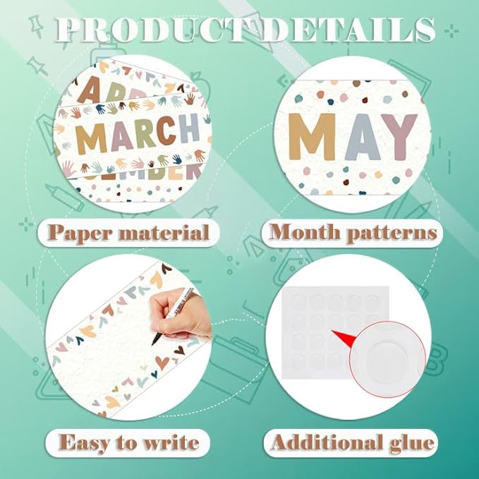 60 Pcs Months of The Year for Classroom, Back to School Monthly Bulletin Boarder Decoration with Glue Round Rectangle Cutouts, Holiday Headliners for Classroom School