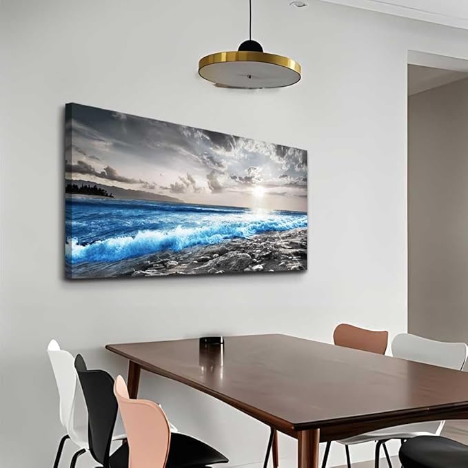 hyidecorart Wall Decor For Living Room Framed Canvas Wall Art For Office Bedroom Decorations Blue Ocean Wall Painting Black and White Beach Pictures Artwork Modern Mural Home Walls Decor