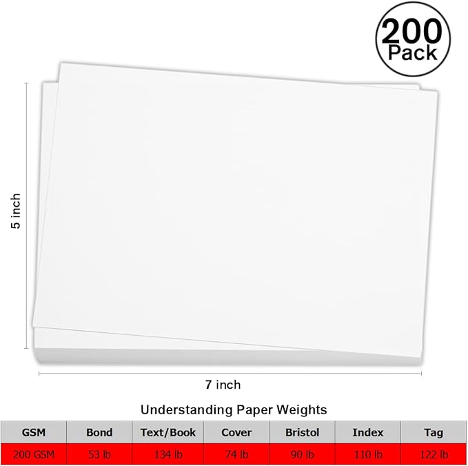 200 Pieces 5" x 7" White Cardstock, Heavyweight Cardstock Sheets Blank Invitation Paper Greeting Cards Printable, 74lb Cover 200 GSM/White