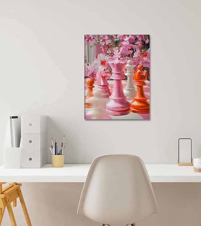 Chess Canvas Wall Art - Colorful Chess Pieces with & Pink Floral Painting, Modern Inspirational Artwork Intelligence Game Decor for Living Room, Office, Home, Stretched Framed (18x 24 in)