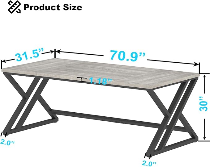 LVB 70.8" Long Office Desk, Modern Large Wood Metal Computer Desk, Industrial Double Workstation Desks for Two People, Rustic PC Executive Work Study Writing Computer Table for Home, Light Grey Oak