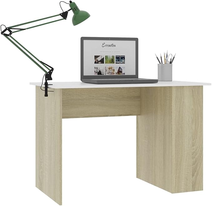 Modern Writing Desk Table with 2 Shelves, Study Computer Desk for Home, White and Sonoma Oak 43.3"x23.6"x28.7" Engineered Wood