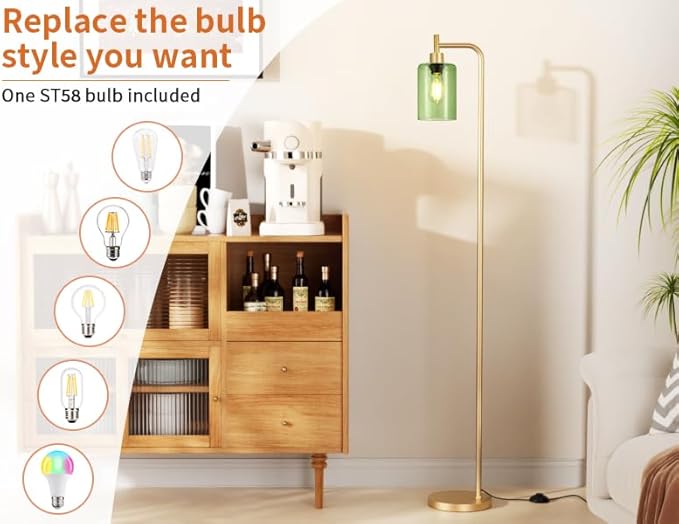 Floor Lamps for Living Room - Industrial Standing Lamp with Green Glass Shade, Modern Gold Floor Lamp with LED Bulbs, Farmhouse Floor Lamp for Bedroom, Tall Lamp for Office