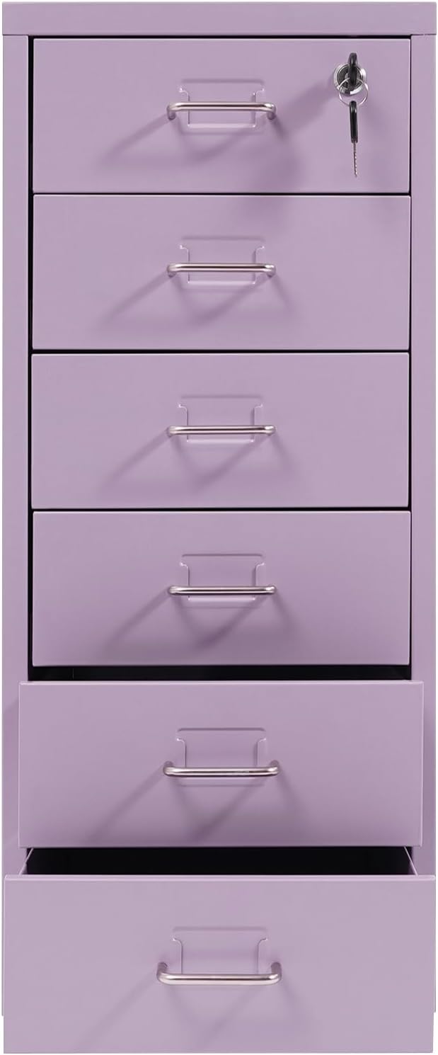 Vertical File Cabinets | 6 Drawer File Cabinet with Lock | Steel Lockable Storage Cabinets | Metal S-torage Cabinet for Home Office | storage A4/F4/Letter/Legal | With 4 Wheels | 2X Keys (Purple)