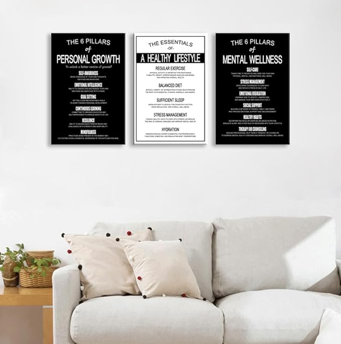 WYJDFART 3 Piece Motivational Wall Art of Personal Growth, Mental Wellness & Healthy Lifestyle Essentials - Inspirational Posters for Office Bedroom Gym Self Care & Mental Health Decor[48''Wx 24''H]