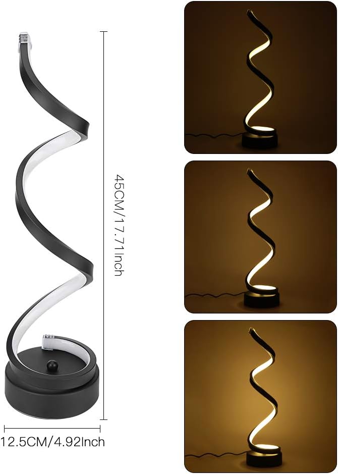 ELINKUME Dimmable LED Spiral Table Lamp, Modern Minimalist Lighting Design，12W Warm White Stepless Dimming Curved Bedside Lamp， for Bedroom Living Room Office (Black)