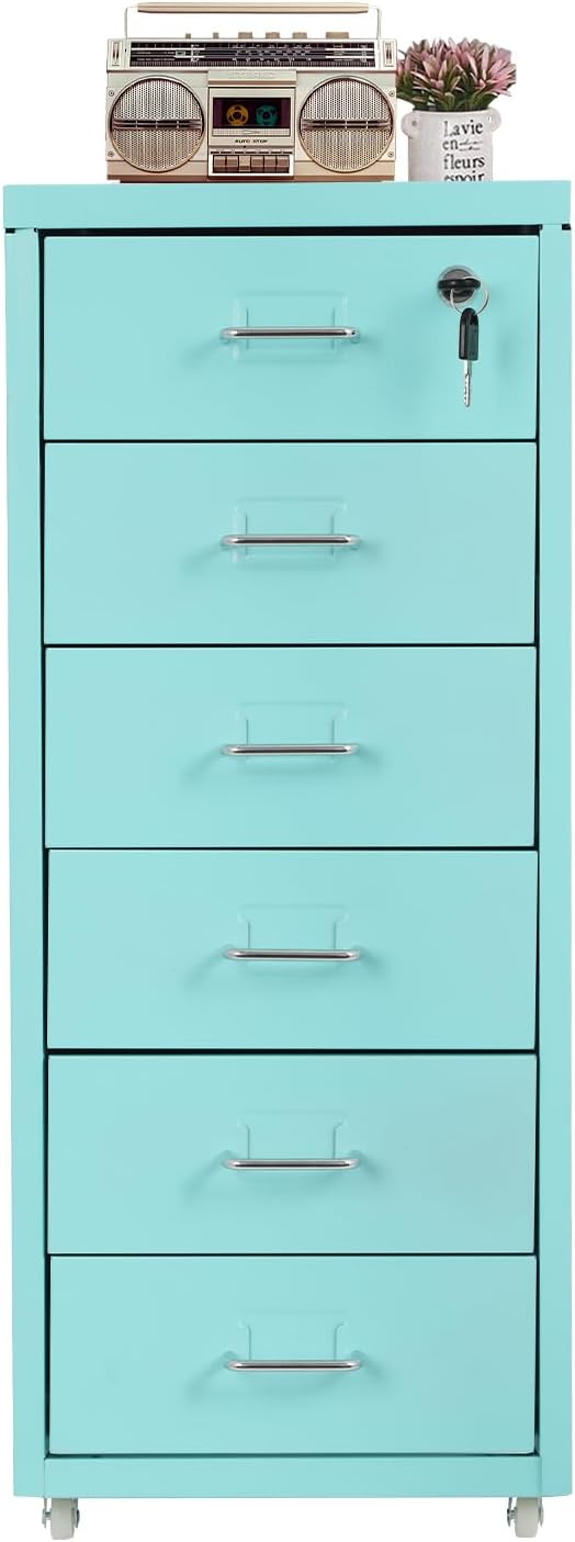 6 Tiers Metal File Cabinet with 6 Drawers Vertical Filing Cabinet with Lock & Wheels Freestanding Locking Storage Cabinet for Home Office, 11 * 16 * 27in (Blue)