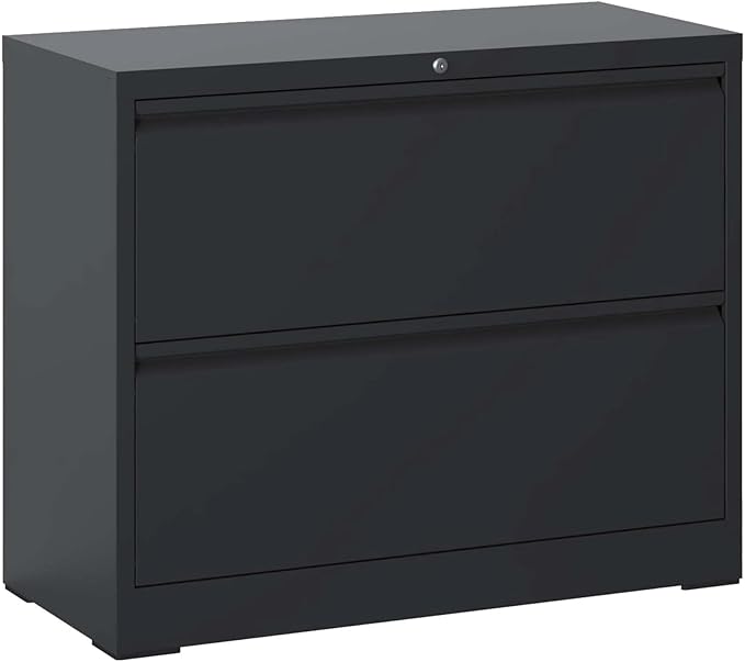Lateral File Cabinet 2 Drawer, Black Filing Cabinet with Lock, Lockable File Cabinet for Home Office, Locking Metal File Cabinet for Legal/Letter/A4/F4 Size
