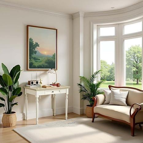 Beige Writing Desk with Drawer, 35" Solid Wood French Country Style Computer Desk for Home Office, Living Room Study or Workspace