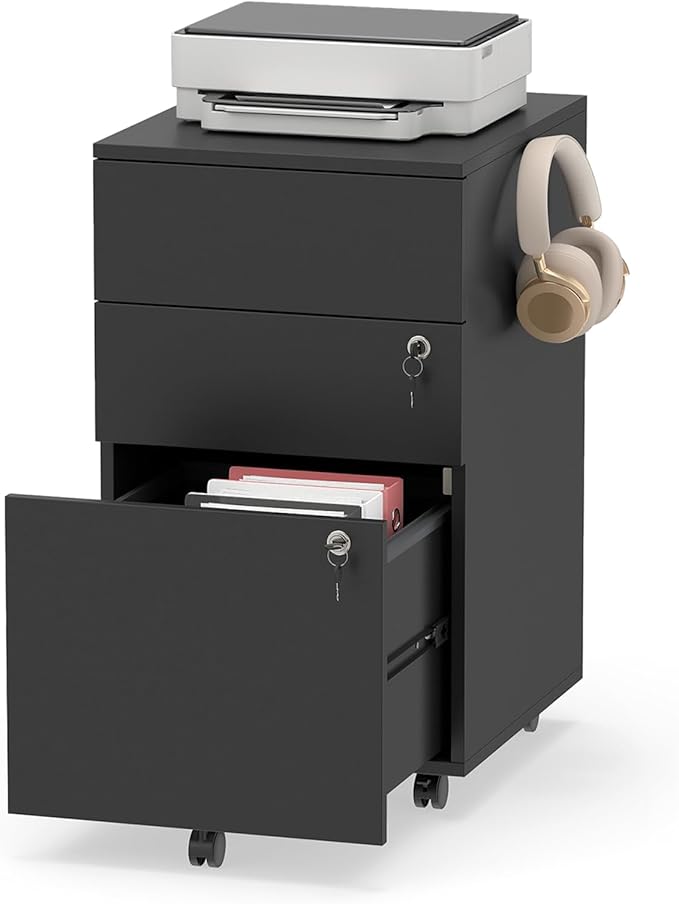 LOKO Mobile File Cabinet with 3 Drawers, Wooden Rolling Filing Cabinet with Lock, Under Desk File Organizer for A4/Letter/Legal Size, for Home Office, Study (Black)