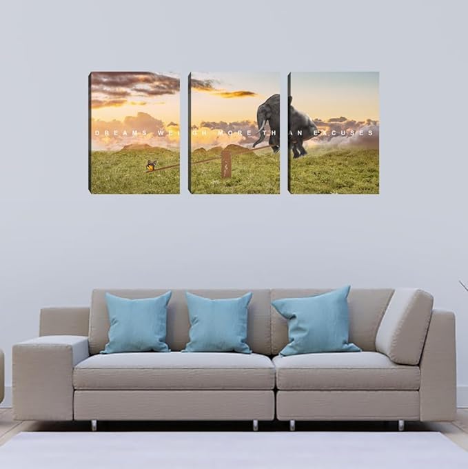 Motivational Canvas Wall Art Inspirational Quotes Poster Modern 3 Pieces Entrepreneur Office Wall Decoration Elephant Painting Decor for Bedroom Stretched and Framed Ready to Hang(48''Wx24''H)