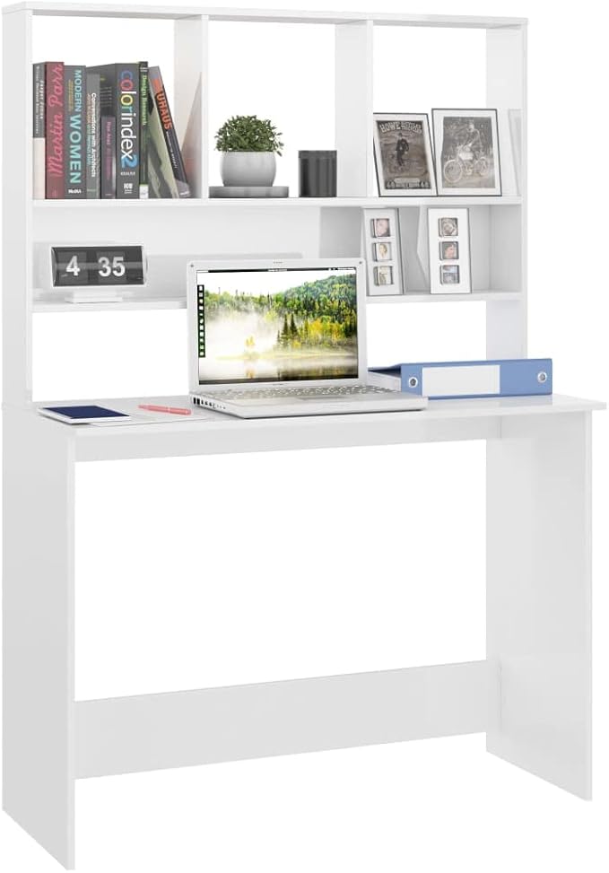 Modern Computer Desk Writing Study Table with Upper Cabinet, Home Office Student Table Laptop PC Writing Desk Home Office Writing Desk, High Gloss White 43.3"x17.7"x61.8"