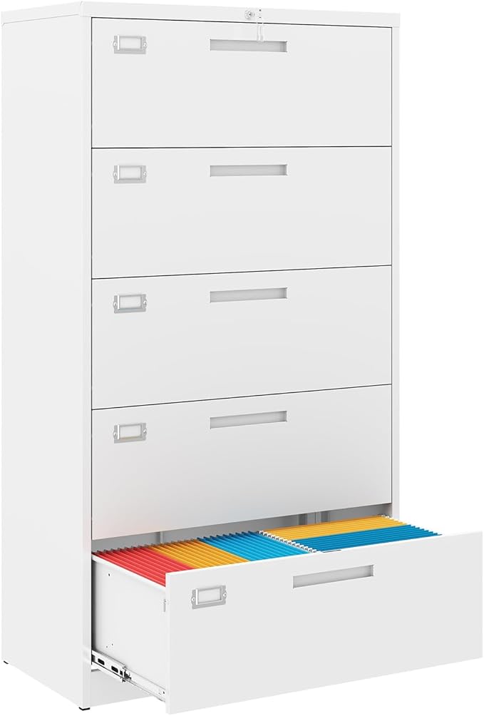 5 Drawer File Cabinet, White Metal Lateral File Cabinet with Lock, Office Filing Cabinet for Legal/Letter/A4/F4 Size with Hanging Files, Lockable File Cabinets for Home Office