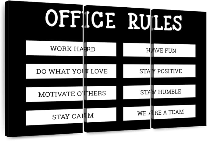 Elephant Stock - Office Rules Wall Art - Horizontal Multi Panel Canvas - 3 Piece Home Office Wall Decor - Digital Art Motivational Typography Multi Piece Wall Art - Black And White Decor by Cad Designs - 50" x 32"