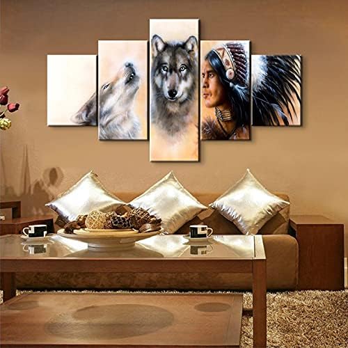 YOUHONG 5-Piece Native American Chief with Wolves Wall Art - Indian Poster Set for Bedroom Decor (70''W x 40''H)