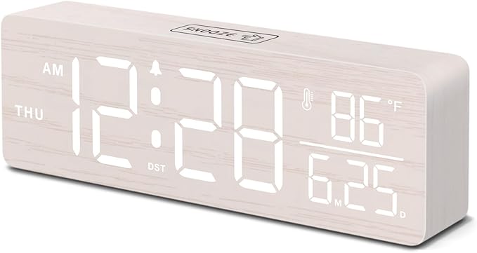 DreamSky Wooden Digital Alarm Clocks for Bedrooms – Large Display Desk Clock with Date & Day of Week for Living Room, Temperature, Dimmer, Adjustable Volume, Auto DST, Office Wood Décor (Plug-in)