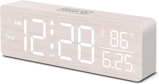 DreamSky Wooden Digital Alarm Clocks for Bedrooms – Large Display Desk Clock with Date & Day of Week for Living Room, Temperature, Dimmer, Adjustable Volume, Auto DST, Office Wood Décor (Plug-in)