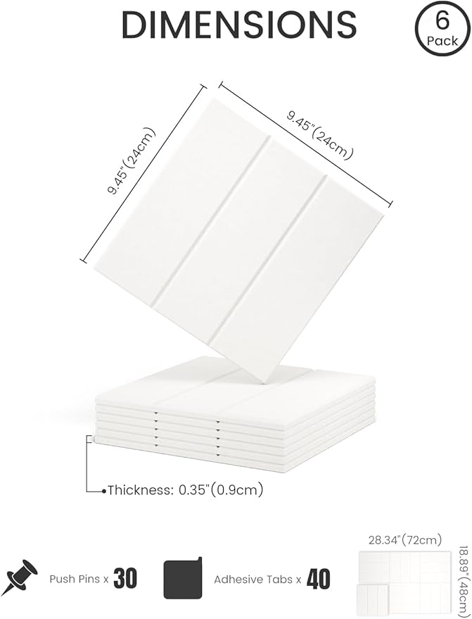 Fluxynara Felt Bulletin Board Tiles -28"x18" with 40 Adhesive Tabs, Cork Board Alternative for Office Decor, Push Pin Board Wall Organizer 6-Pack(Milky White)