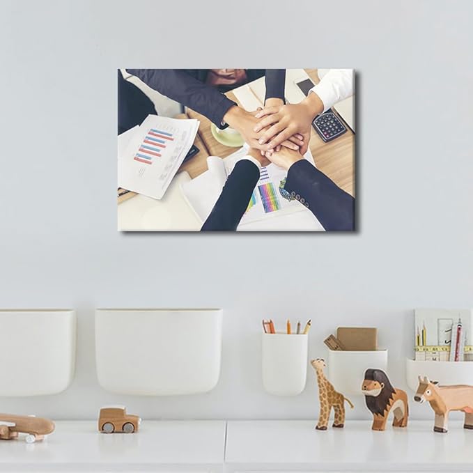 1 Panel Canvas Wall Art Hands Stack of Teamwork Holding Hands Together Over Conference Table Modern Decor Poster Canvas Print Frame Ready To Hang (12"Wx18"H)