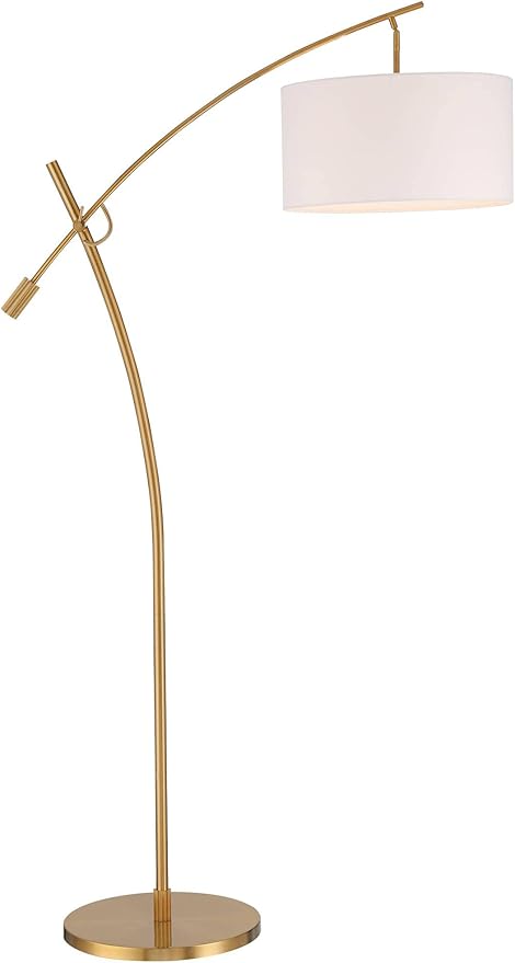 Possini Euro Design Raymond Modern Arc Floor Lamp 69" Tall Warm Gold Metal Adjustable Boom Arm White Linen Drum Shade Decor for Living Room Reading House Bedroom Home Office House