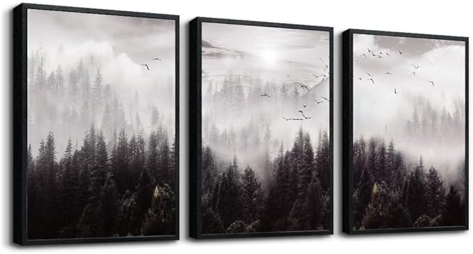 Black Framed Canvas Wall Art - Boho Wall Decor for Living Room & Bedroom - Foggy Forest Trees Scenery - 3 Pieces