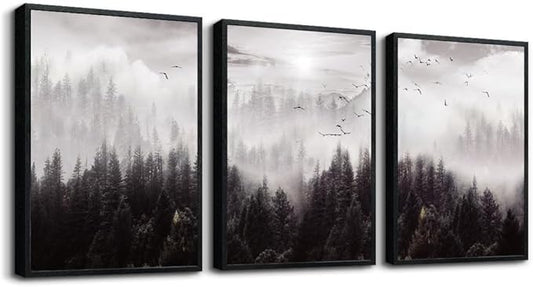 Black Framed Canvas Wall Art - Boho Wall Decor for Living Room & Bedroom - Foggy Forest Trees Scenery - 3 Pieces