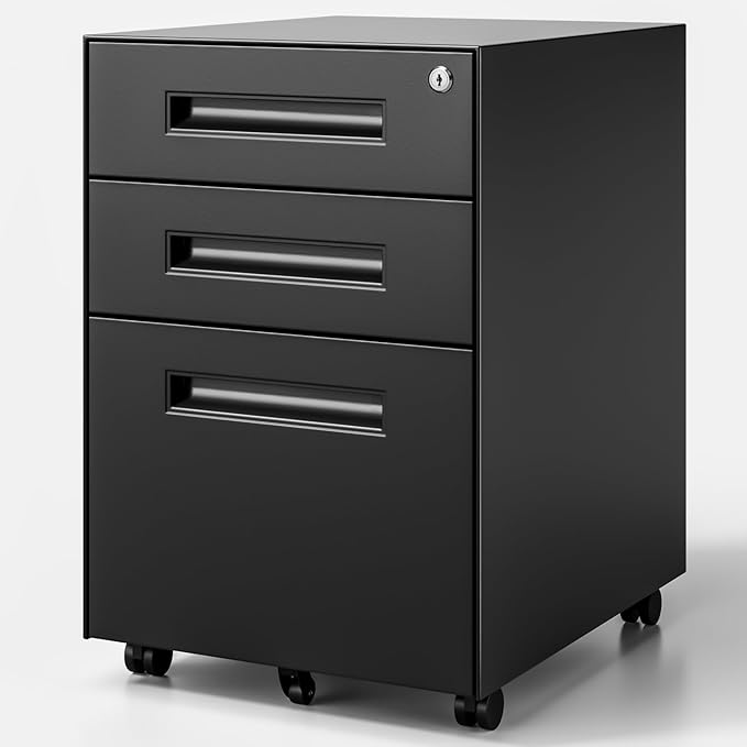 Dripex 3 Drawer File Cabinet, Mobile File Cabinet with Lock on Wheels, Letter/Legal Size, Fully Assembled, Modern Small Short Vertical Metal Rolling Filing Cabinets Under Desk for Home Office (Black)