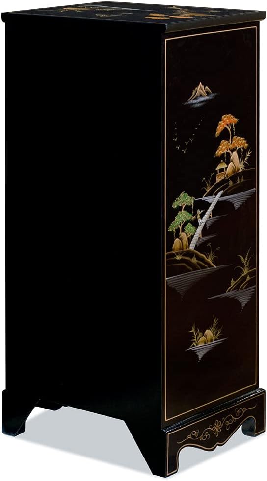 ChinaFurnitureOnline Black Lacquer Chinoiserie Scenery Motif 3 Drawer Oriental File Cabinet