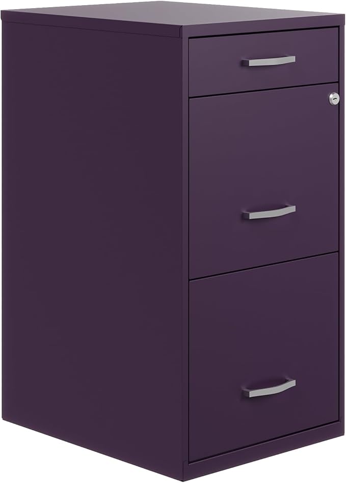 Hirsh Space Solutions 18" Deep Modern Metal Organizer File Cabinet with Cam Lock, 3-Drawer, Letter-Size, for Small Home/Home Office in Midnight Purple