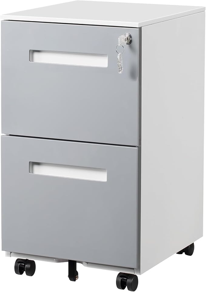 2 Drawer Mobile File Cabinet with Lock & Wheel, Under Desk Rolling Vertical Filing Cabinet, Anti-Tipping Design Metal Storage Cabinet for Legal, Letter, A4 (Gray)