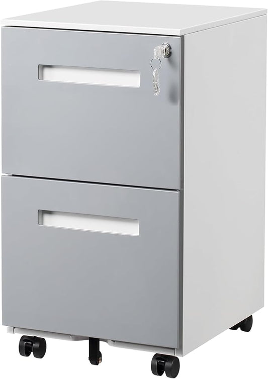 2 Drawer Mobile File Cabinet with Lock & Wheel, Under Desk Rolling Vertical Filing Cabinet, Anti-Tipping Design Metal Storage Cabinet for Legal, Letter, A4 (Gray)